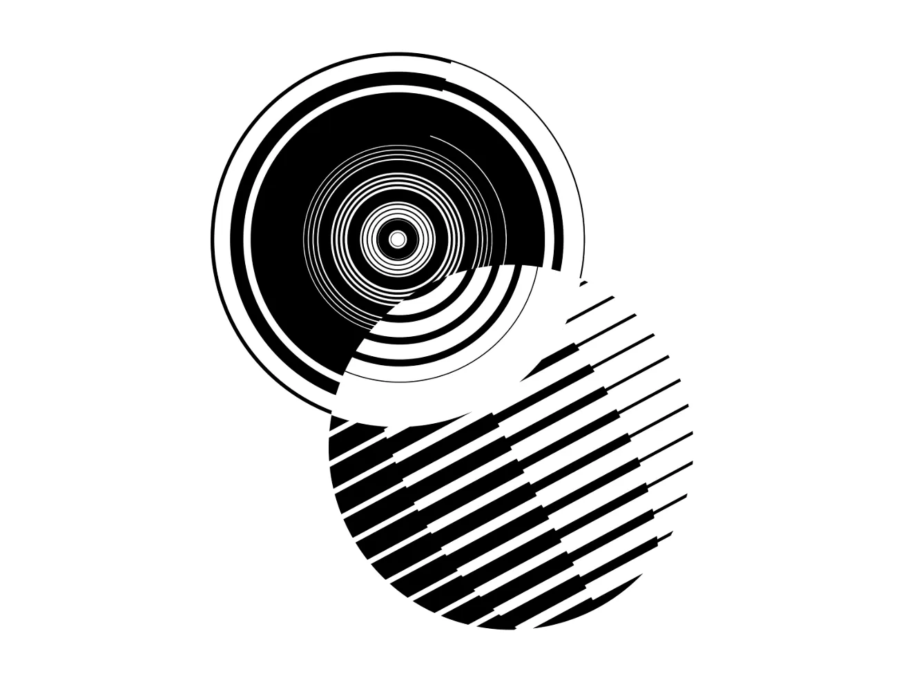 Grafik für den Tag der Forschung 2024: zwei sich überlappende Kreise mit unterschiedlichen Strukturen. Schwarz auf weiß.