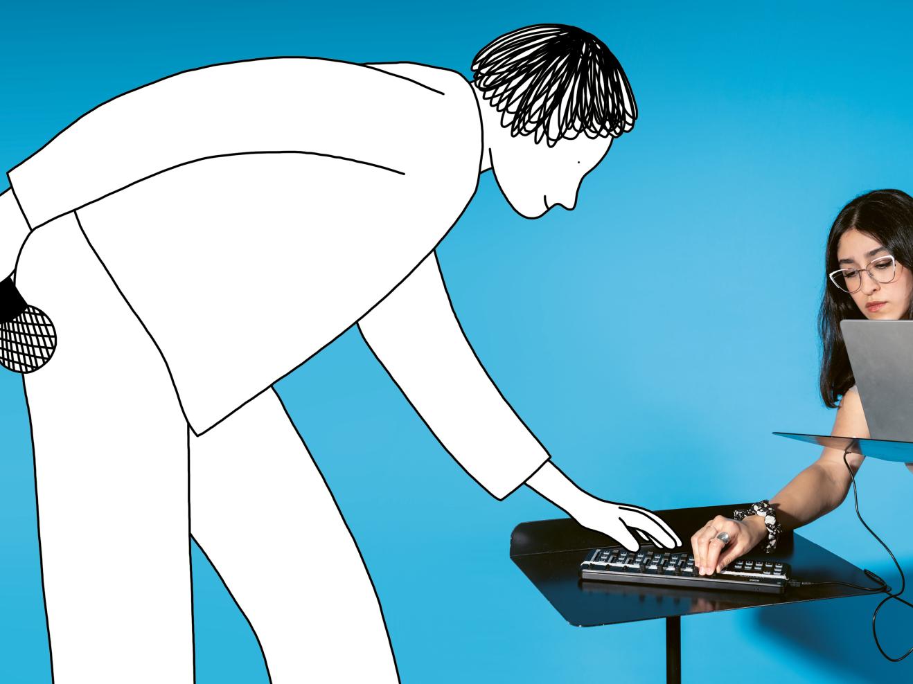 Mischung aus Foto und Illustration: Eine illustrierte Figur und eine Studentin arbeiten zusammen an einem Mischpult.