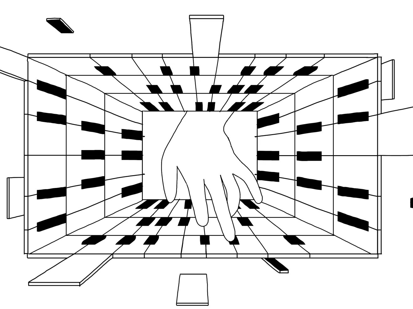 Abstrakte Illustration: Eine Hand greift scheinbar in einen Kasten oder ein Gebäude, das aus Klaviertasten besteht und versucht, auf diesen zu spielen.