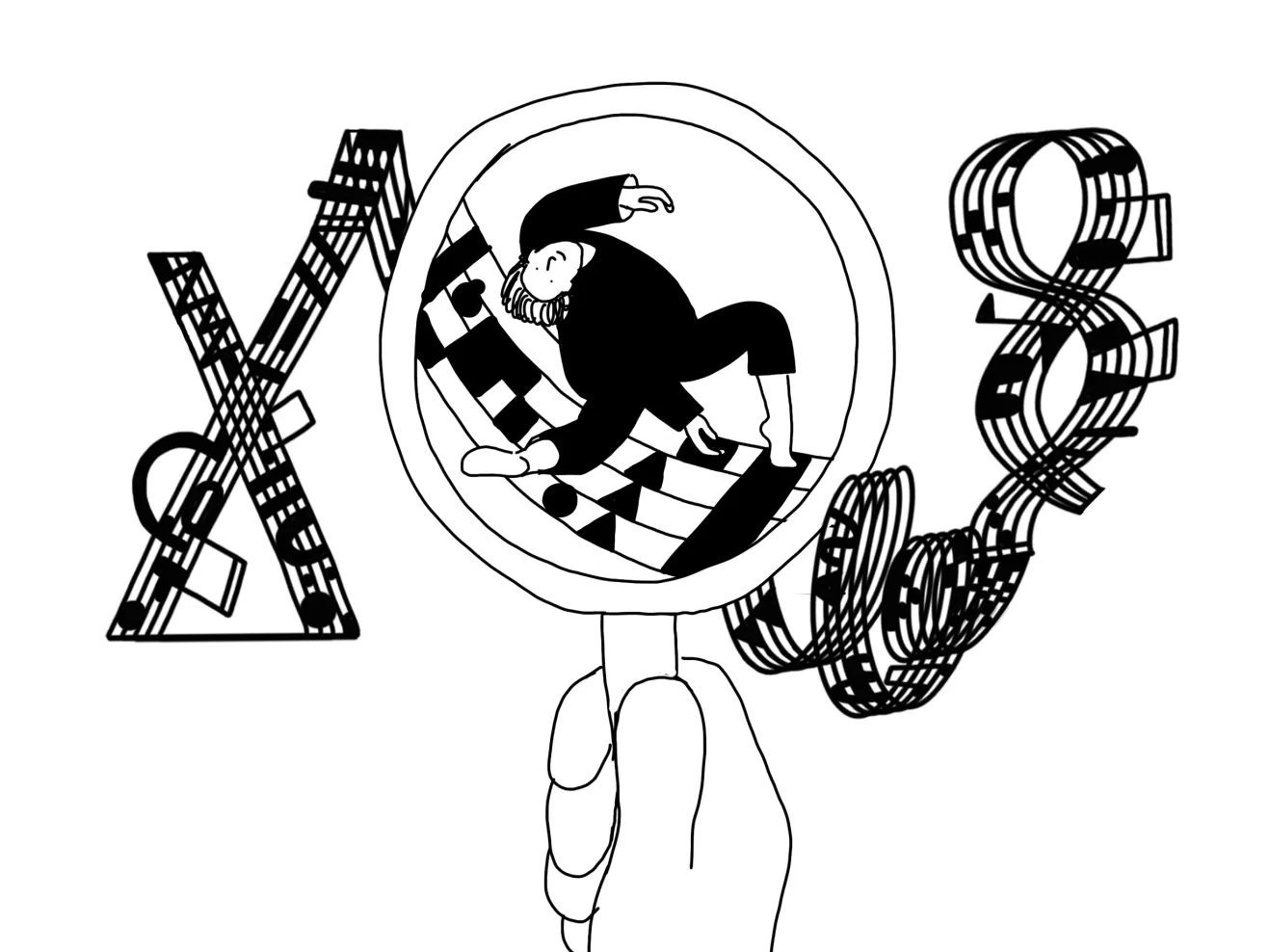 Illustration einer Hand, die eine Lupe hält. Die Lupe vergrößert eine tanzende Person, die auf Notenlinien zu tanzen scheint
