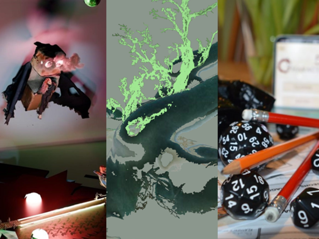 Eine Collage aus drei Fotos zu Stücken, die auf der Plurale 2025 gezeigt werden. Zu sehen sind links eine eulenartige fliegende Gestalt (zu "KaraKara"), mittig grüne digitale Verästelungen (zu "Aus meiner Haut schießen Triebe") und rechts schwarze Würfel und rote Bleistifte (zu "Create and Play").
