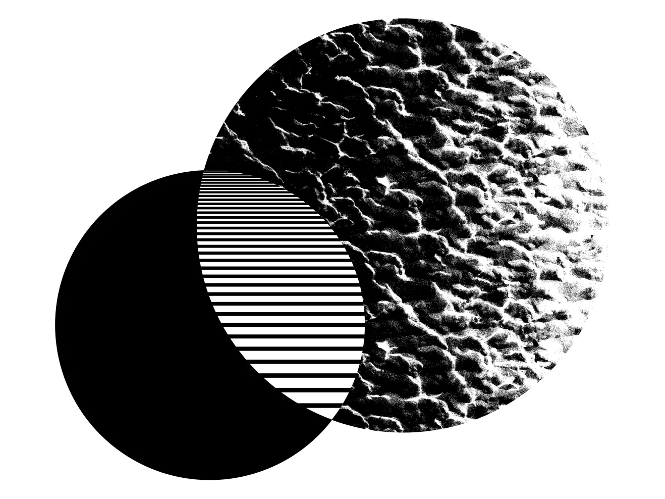 Eine Grafik, die zwei Kreise darstellt: Ein großer Kreis, der wie ein Planet aussieht, und ein kleinerer schwarzer Kreis. Auf der Schnittfläche der Kreise ist ein anderes, drittes Muster zu sehen, stilisierte Linien.