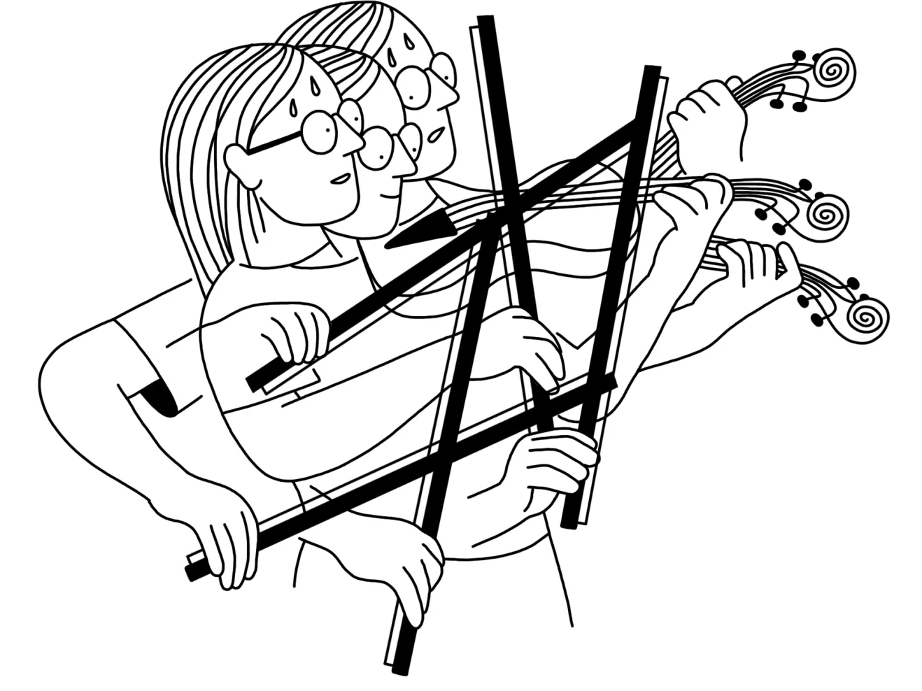 Illustration einer Person, die Geige übt und dabei vor Anstrengung schwitzt