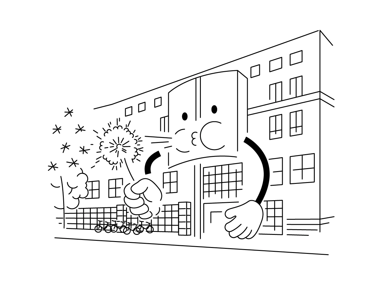 Schwarz-weiße Illustration des HfMDK-Hauptgebäudes mit Gesicht und Armen, das eine Pusteblume hält und pustet.