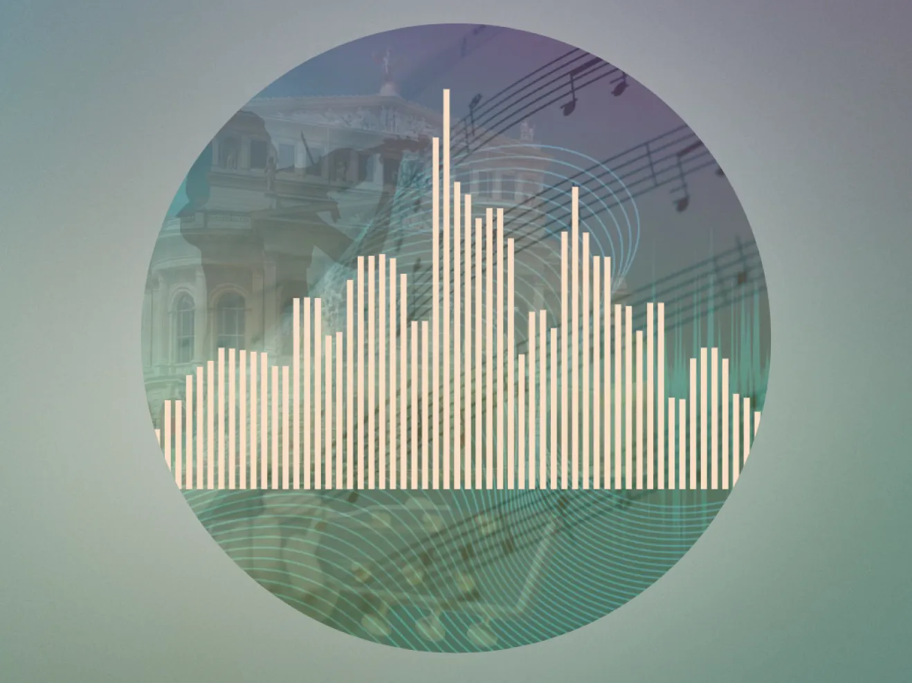 Grafik, die in einem Kreis abstrahierend die Skyline der Stadt Franfurt als Musik-Pegelausschlag abbildet.
