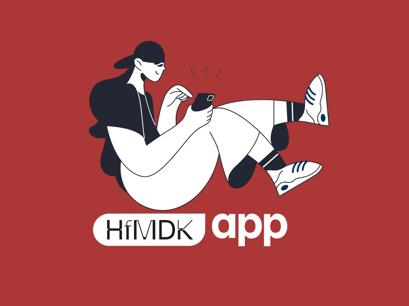 Comic-artige Zeichnung einer Person, die auf ein Handy tippt. Darunter der Schriftzug HfMDK app