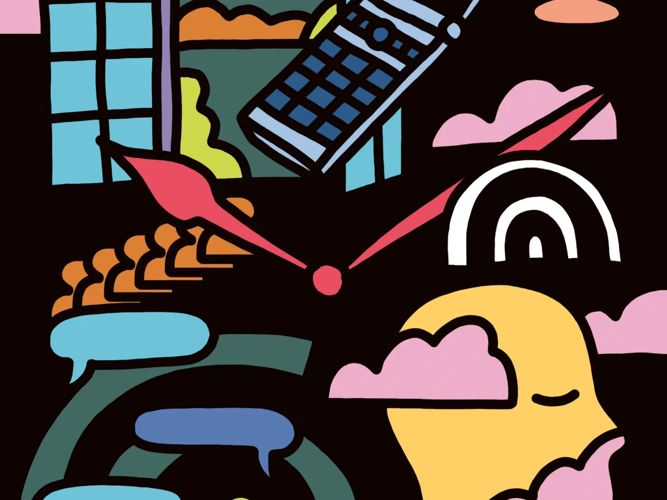 Bunte Illustration mit z.B. einem Handy, Sprechblasen, Telefonhörern, einem offenen Fenster und Uhrzeigern in der Mitte.